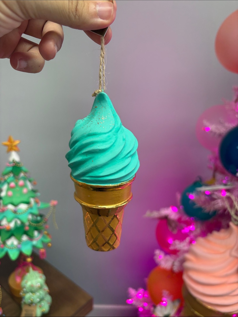 Turquoise Ice Cream Cone Ornament with Gold Cone by Glitterville